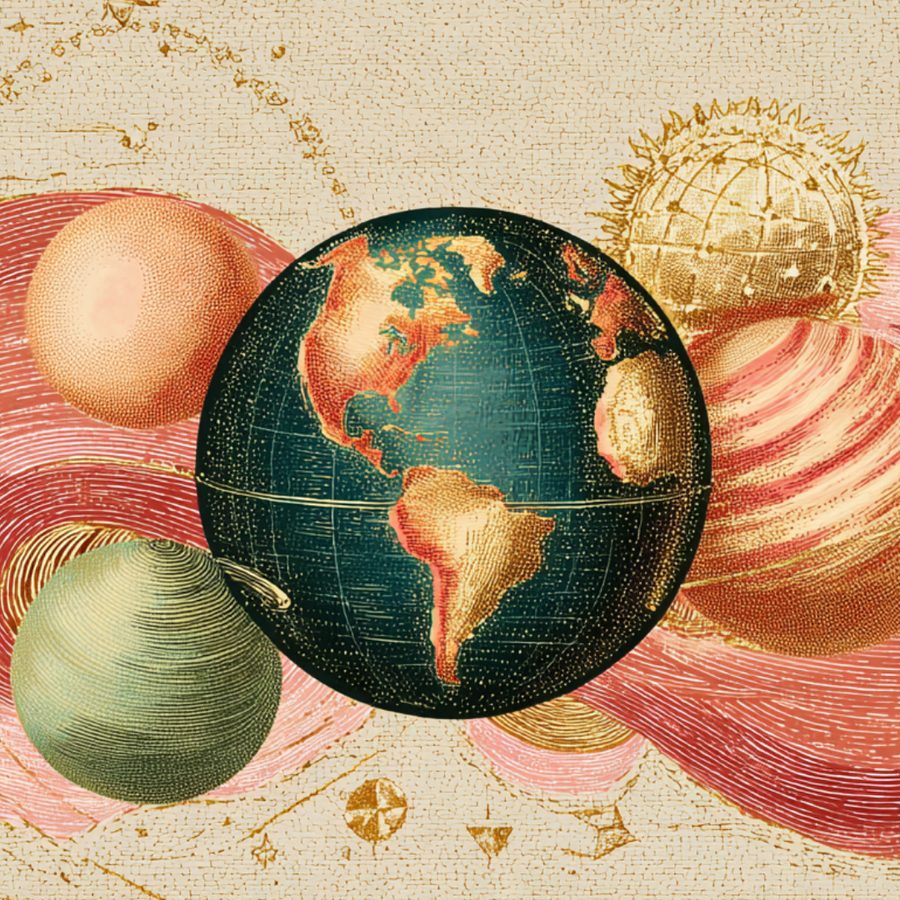 Ilustración antigua del globo terráqueo rodeado de planetas