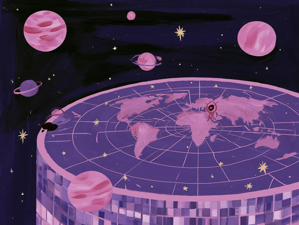 Mapa del mundo sobre un disco en perspectiva bajo un cielo nocturno con planetas rosados