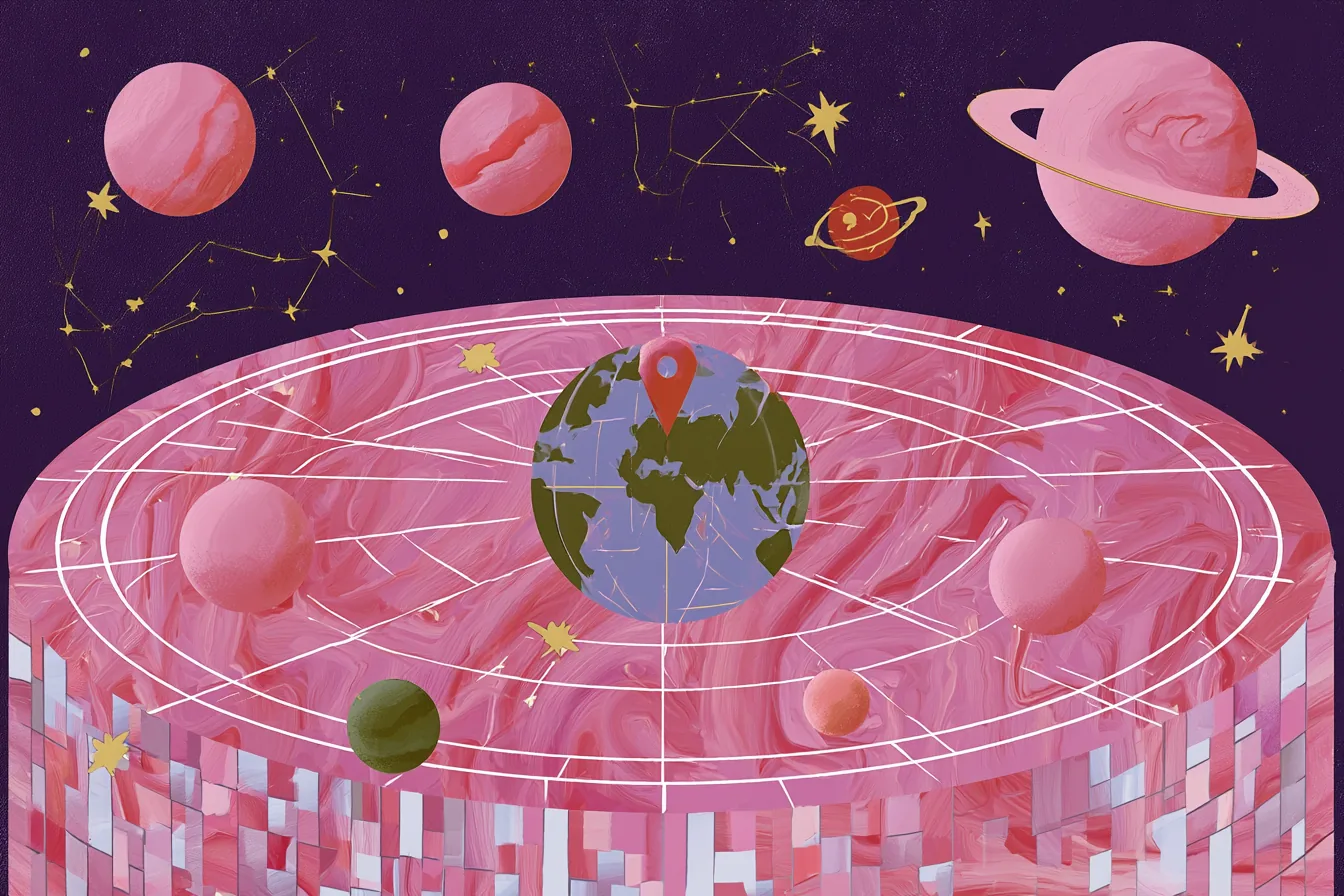 Disco rosado con una cuadrícula blanca y un globo terráqueo al centro marcado con un pin, bajo un cielo morado con constelaciones doradas