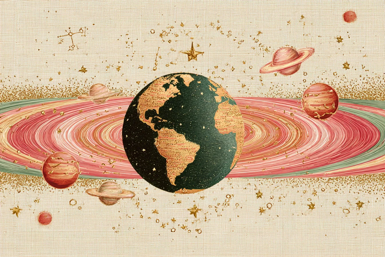 Globo terráqueo de tinta y dorado envuelto por anillos rosados concéntricos, con planetas pequeños alrededor