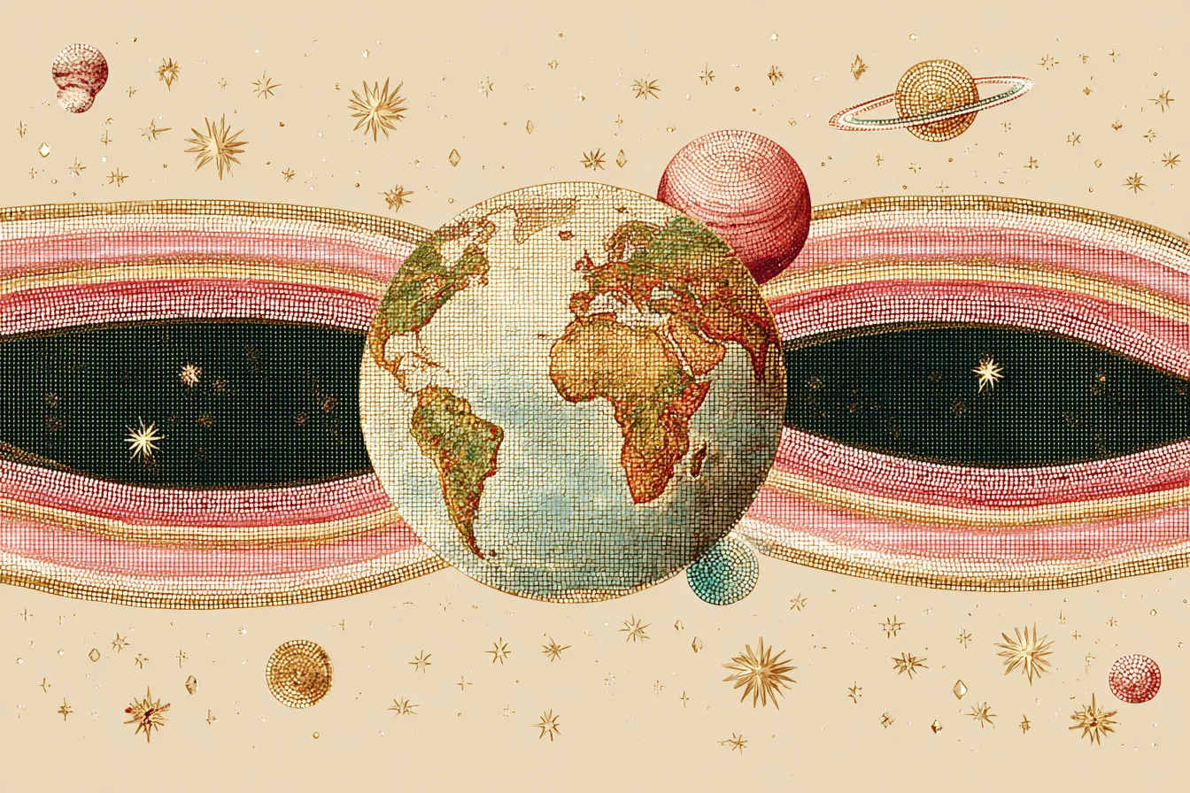 Globo terráqueo de mosaico atravesado por dos bandas de teselas que se cruzan, sobre un fondo beige con estrellas doradas