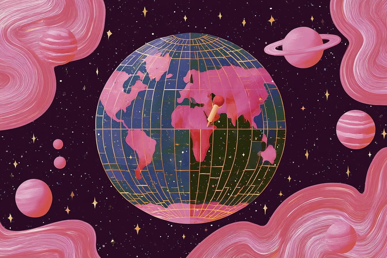 Globo terráqueo cuadriculado en rosa y azul con un pin clavado, rodeado de planetas y ondas rosadas