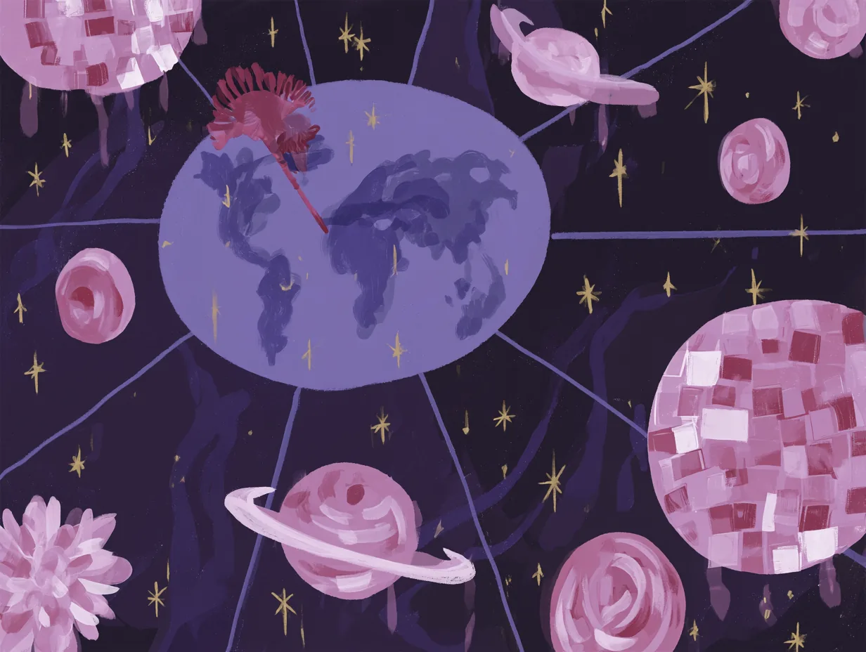 Mapamundi tenue sobre fondo morado con una bola de espejos y planetas rosados