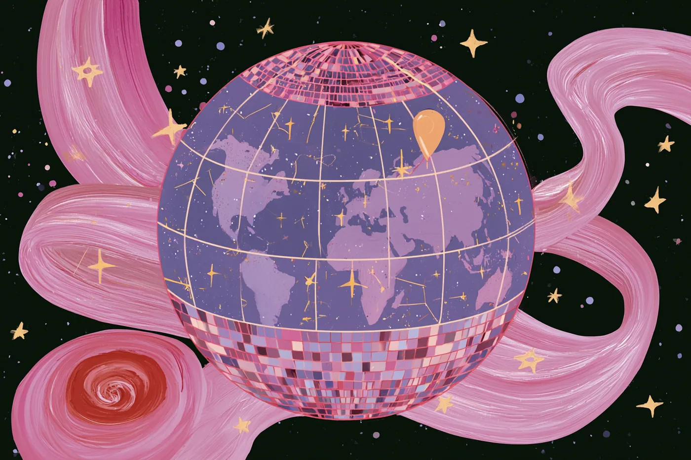 Globo terráqueo morado y rosa con líneas de meridianos, un pin marcando una ciudad y estrellas doradas alrededor