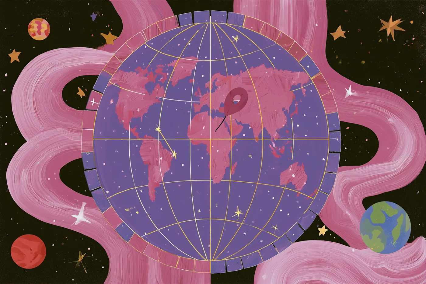 Globo terráqueo morado con un pin de mapa y líneas doradas cruzándolo, rodeado de planetas y estrellas
