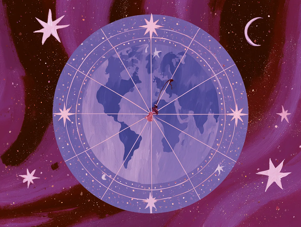 Globo terráqueo lila con una luna creciente y una estrella dorada sobre fondo morado