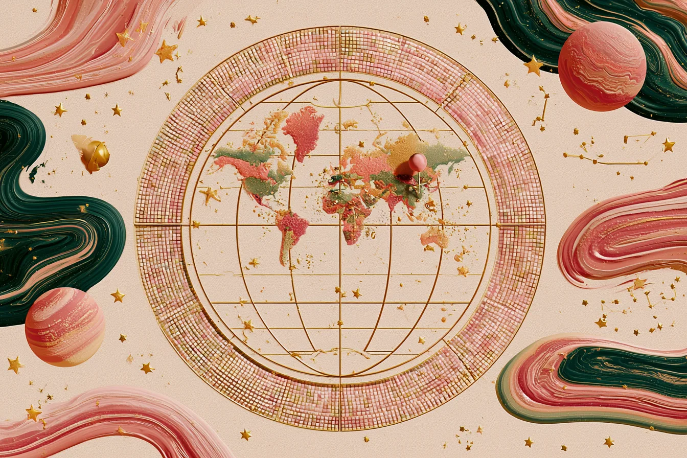 Globo terráqueo de mosaico rosa y dorado cruzado por meridianos, con un pin marcando un punto, sobre un fondo beige con ondas verdes y rosas
