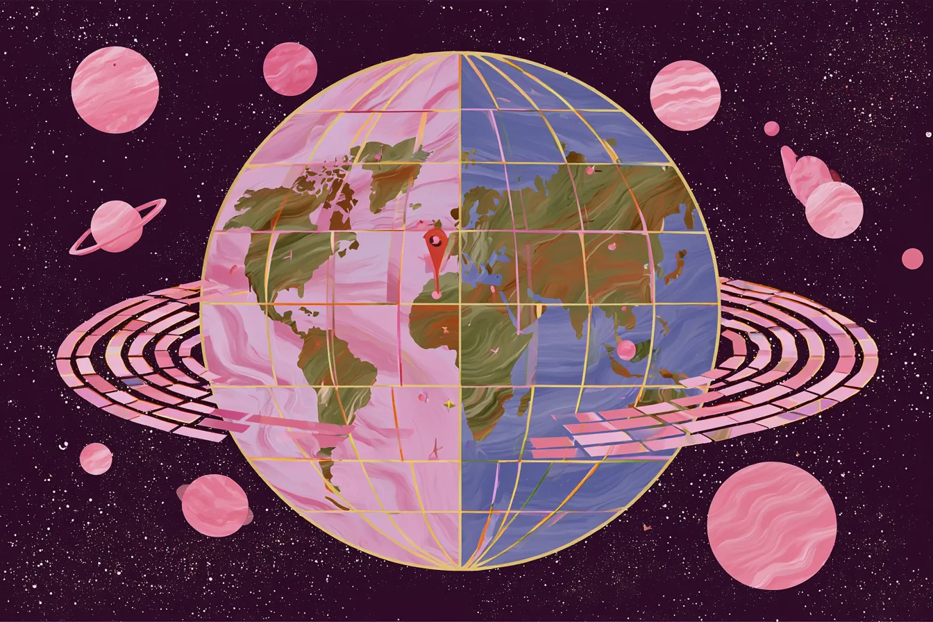 Globo terráqueo partido en dos mitades de color distinto, rodeado por un anillo de teselas rosadas, sobre un cielo oscuro con planetas