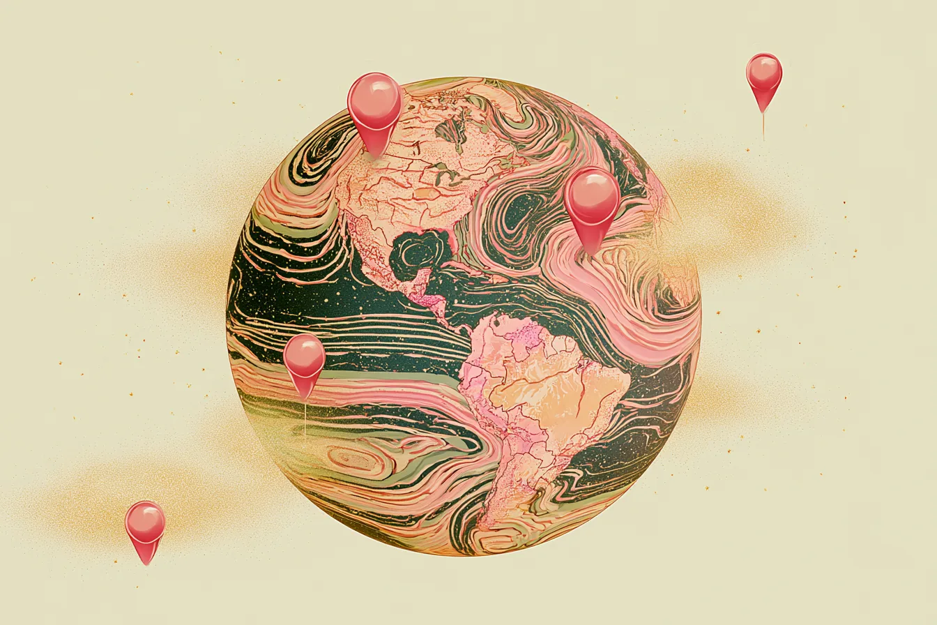 Globo terráqueo veteado en rosa y verde con varios pines rojos clavados, sobre un fondo crema con polvo dorado