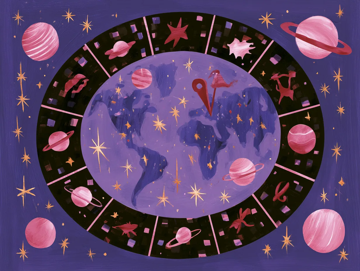 Mapamundi rosado dentro de un anillo negro con los doce signos y planetas alrededor