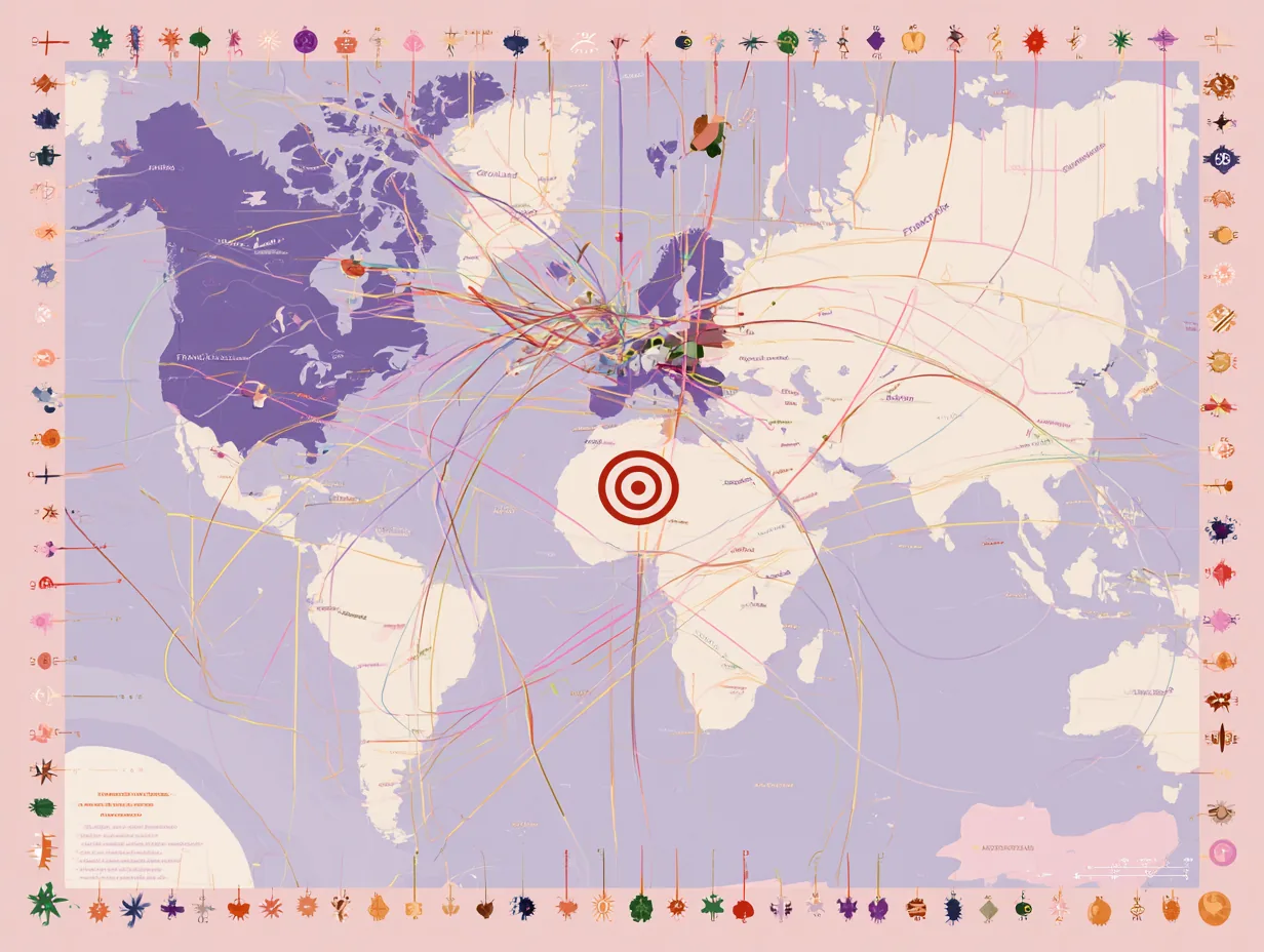 Mapamundi en crema y azul con una diana roja marcada sobre Europa y rutas finas alrededor