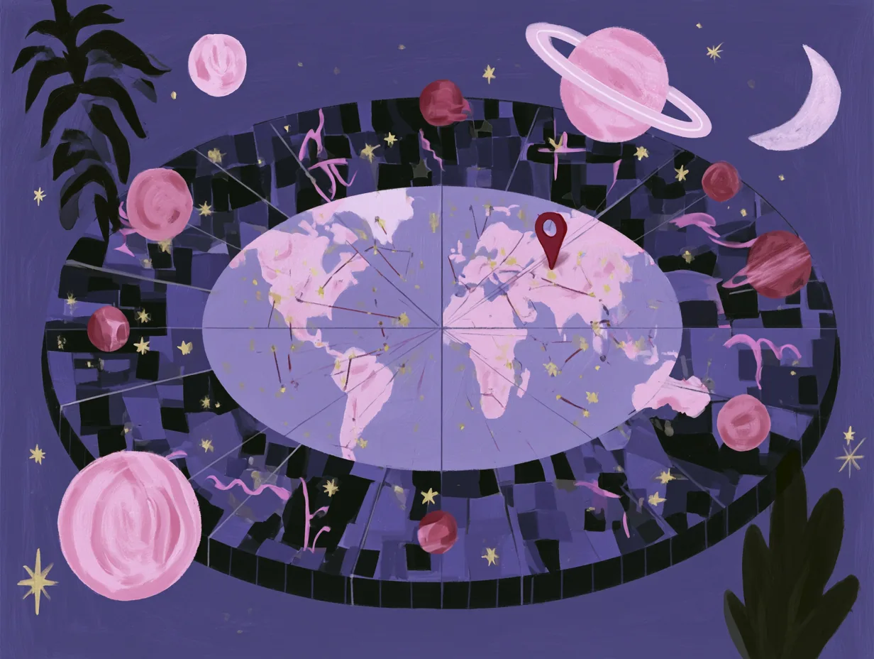 Mapamundi ovalado en tonos lila y rosa rodeado de un anillo oscuro con planetas y una luna creciente