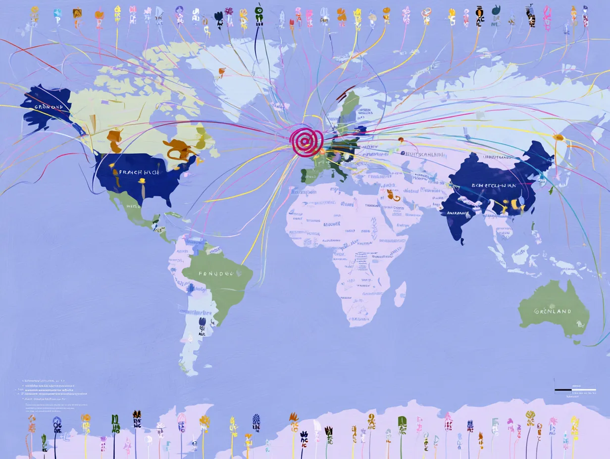 Mapamundi con los países en verdes, azules y rosas sobre un fondo claro con anotaciones