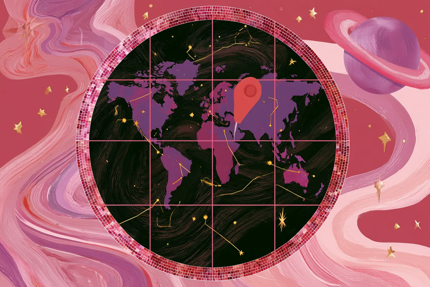 Mapa del mundo dentro de un círculo de mosaicos con un pin rojo marcando un lugar, con Saturno al fondo