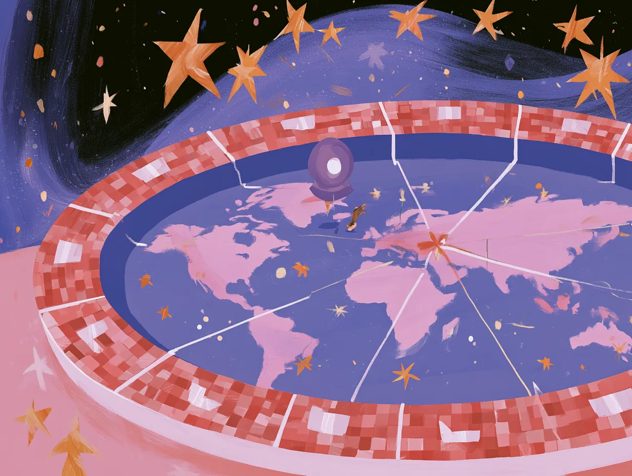 Mesa circular coral con un mapamundi encima, una chincheta clavada y planetas rosados alrededor