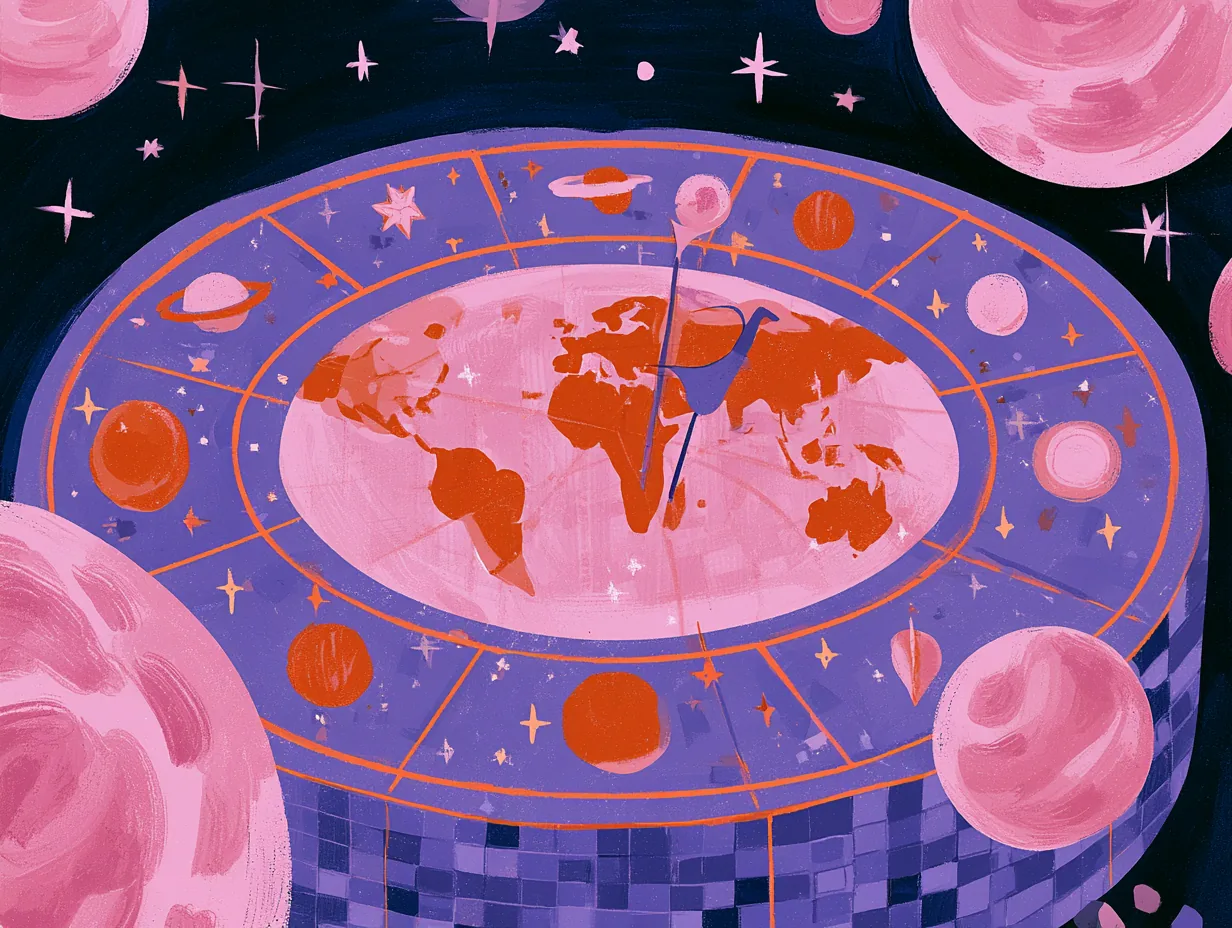 Mesa circular de mosaico coral con un mapamundi encima, rodeada de planetas rosados