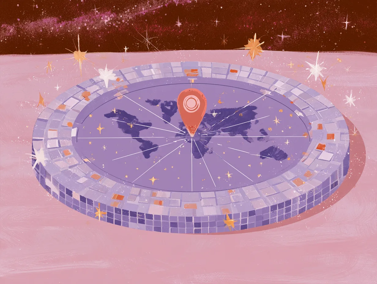 Mesa circular de mosaico lila con un mapamundi encima y una chincheta clavada, sobre fondo morado