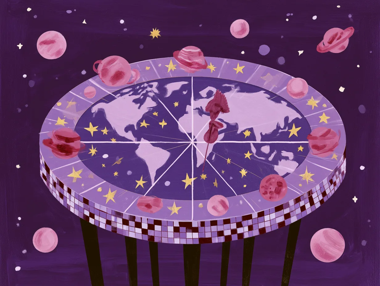 Mesa circular con la rueda zodiacal y un mapamundi encima, con flecos colgando sobre fondo morado