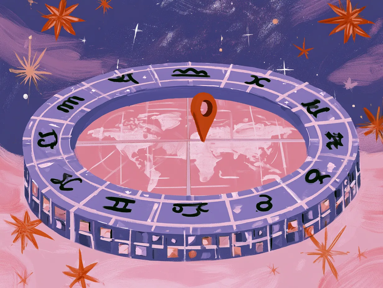 Mesa circular con la rueda del zodiaco y un mapamundi encima, con una chincheta clavada