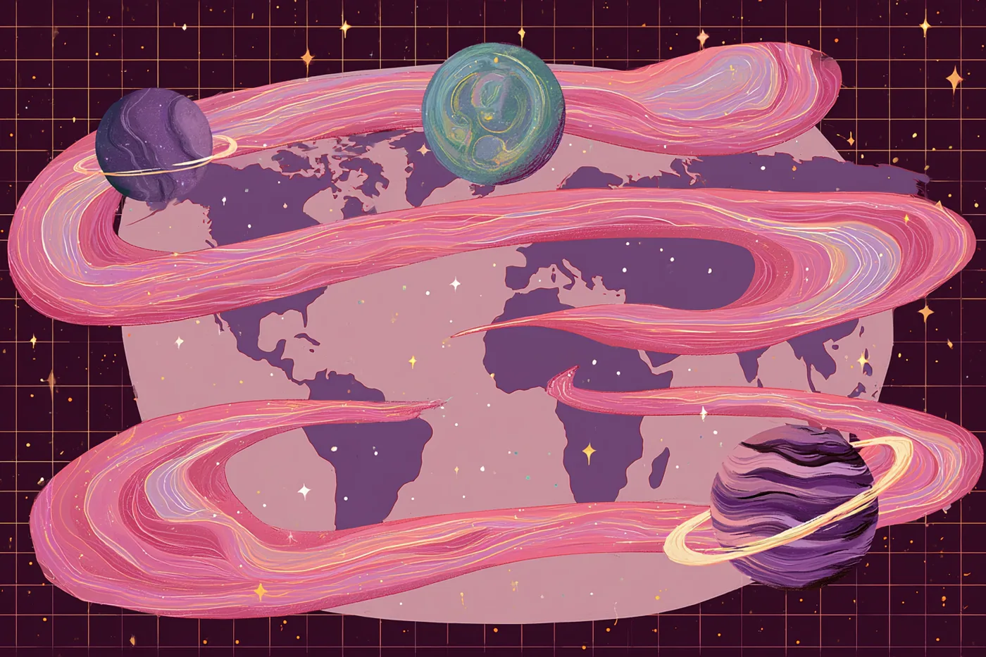 Mapa del mundo rodeado de cintas rosadas y planetas con anillos, sobre un cielo cuadriculado de estrellas