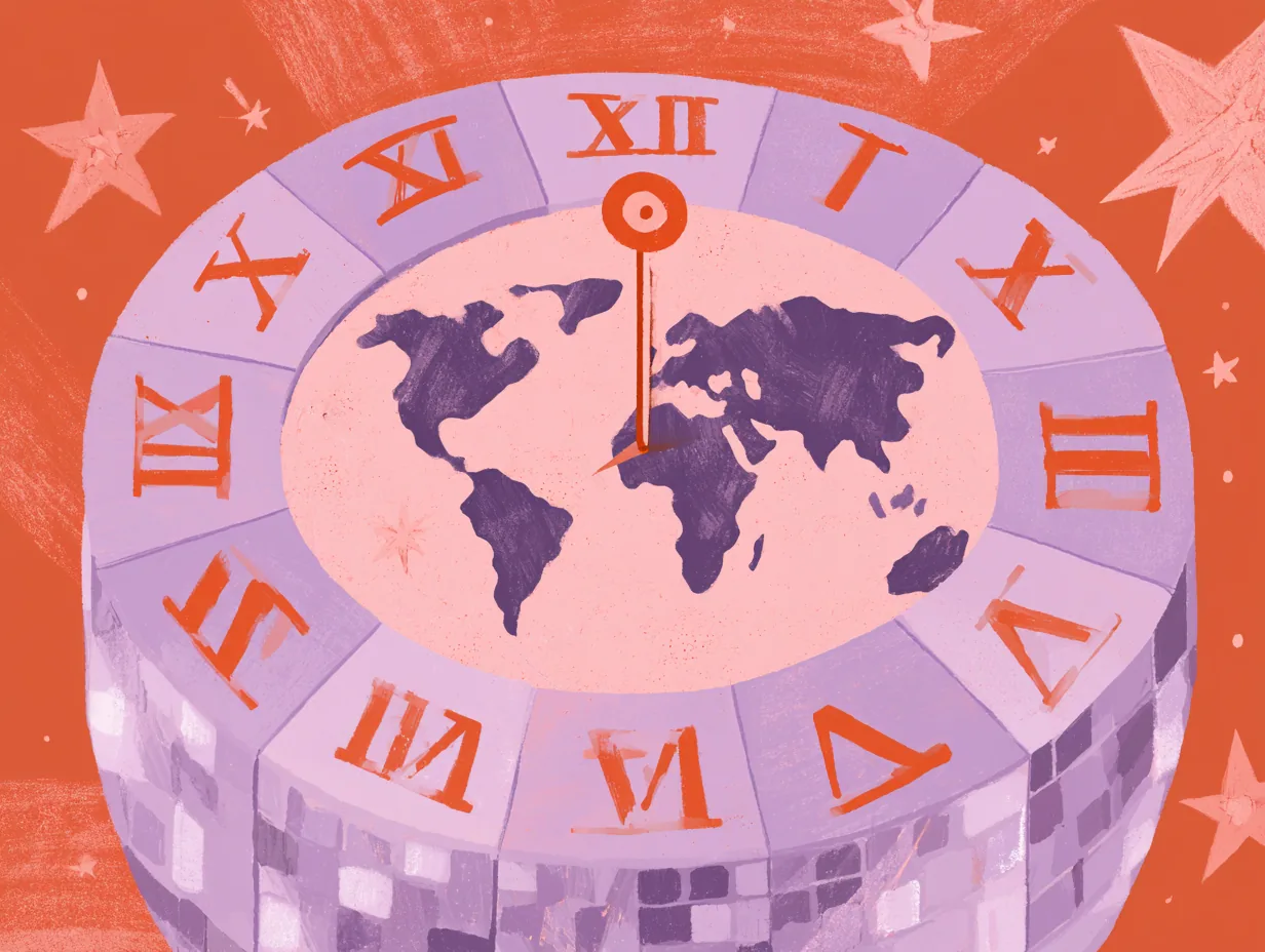 Reloj de números romanos en tonos coral con un mapamundi en el centro sobre fondo rosado