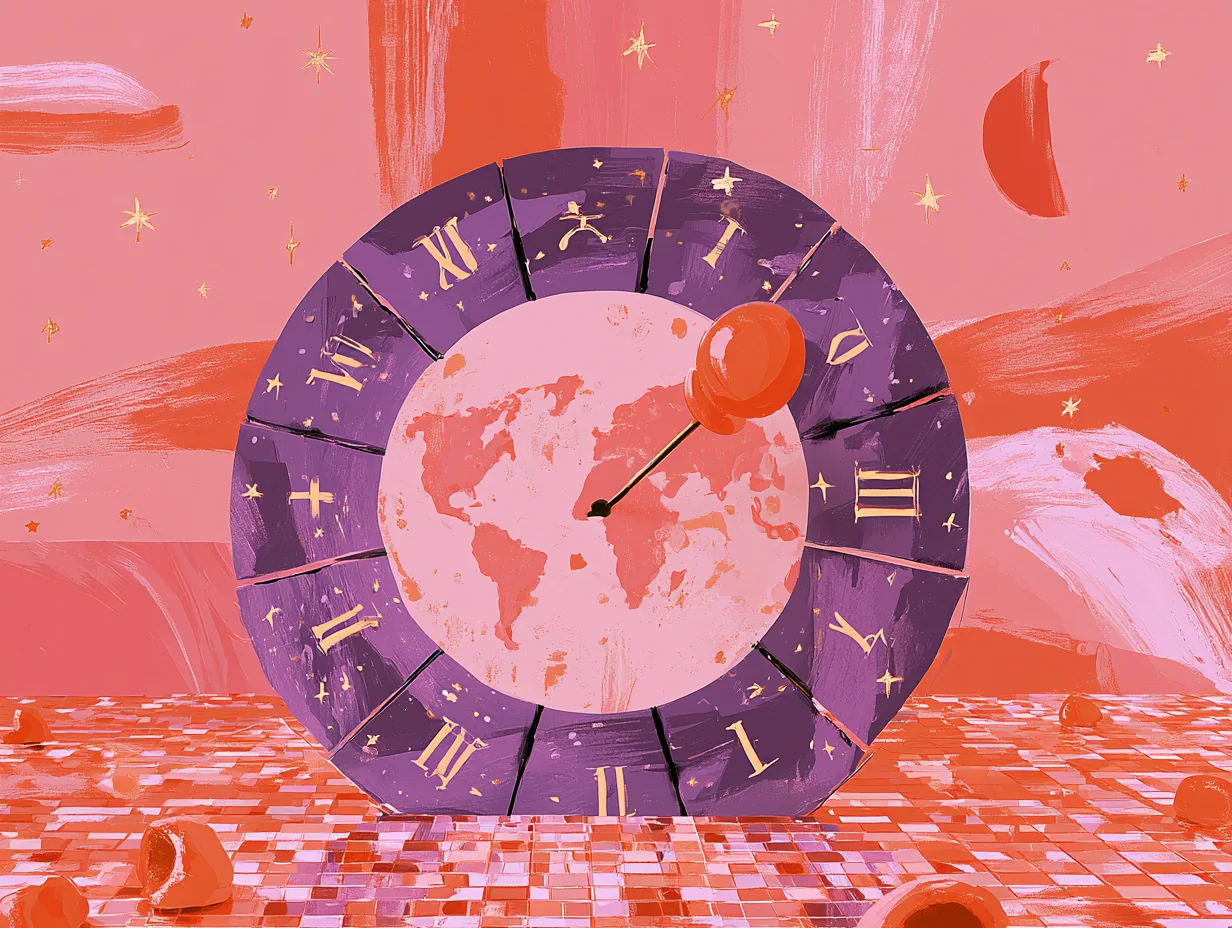 Reloj de números romanos en tonos coral y morado sobre un paisaje rosado con planetas