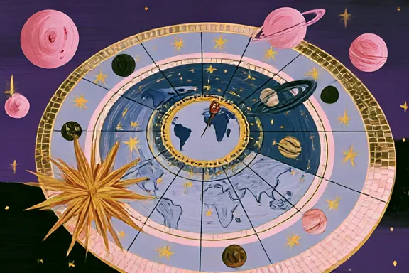 Rueda astrológica con un centro azul y verde donde se ve un mapamundi, rodeada de planetas rosados y estrellas