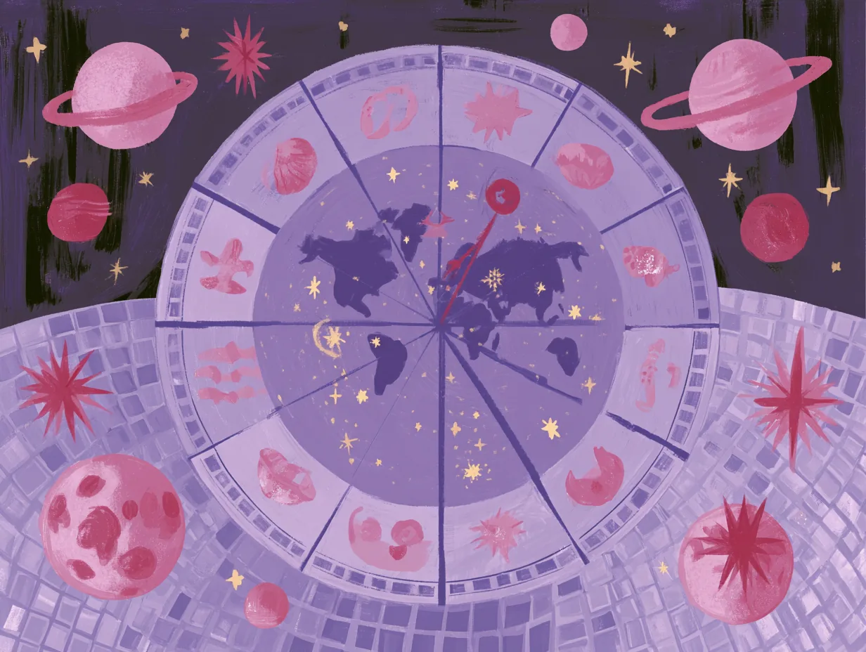 Dos ruedas zodiacales superpuestas con un mapamundi al centro, rodeadas de planetas rosados