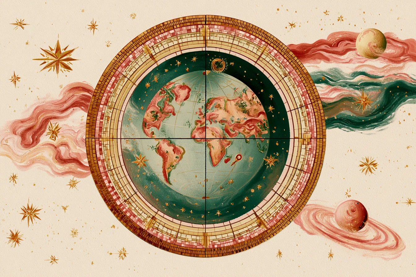 Rueda de mosaico dorado con un mundo verde y rojo al centro, rodeada de estrellas y planetas sobre fondo marfil