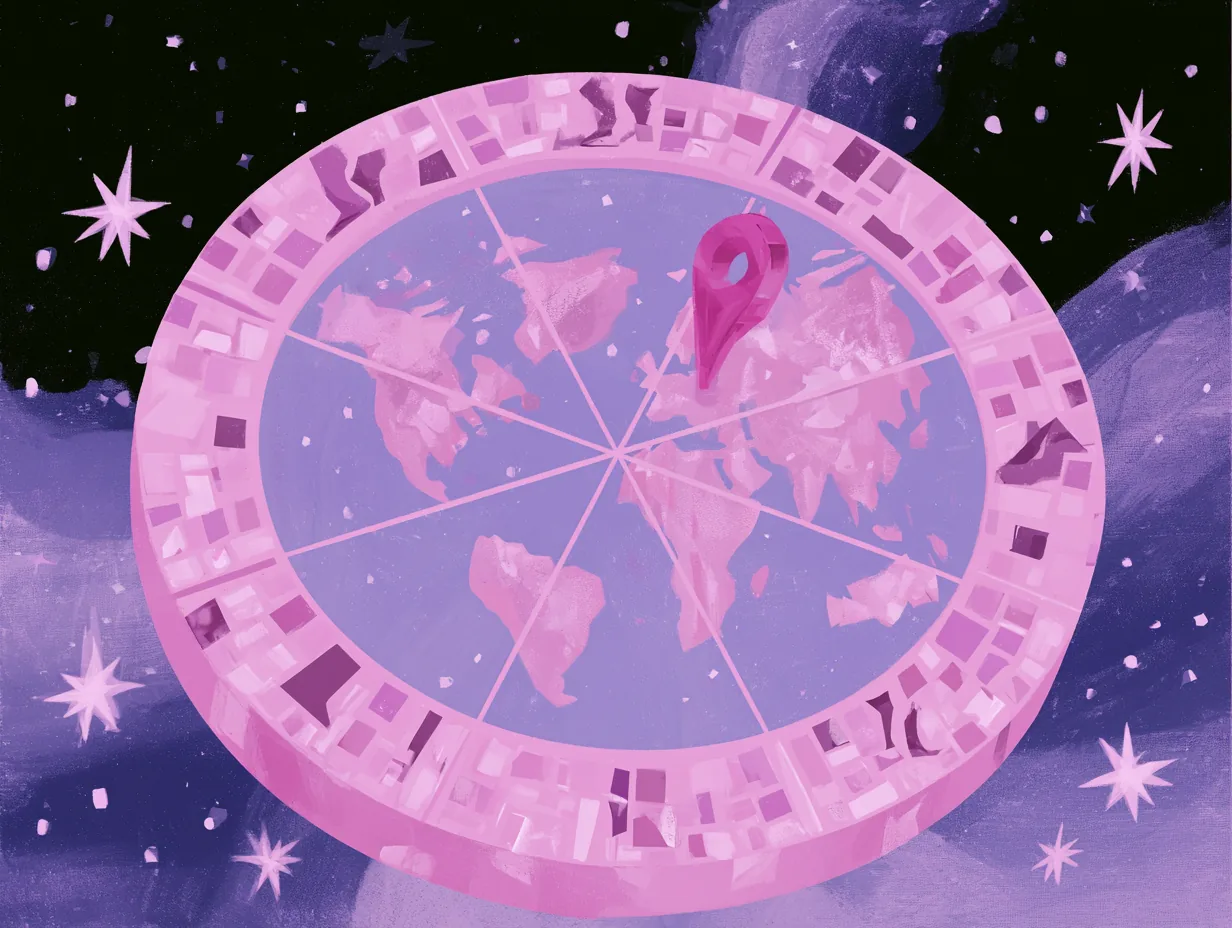 Rueda zodiacal lila con un mapamundi al centro y una chincheta clavada