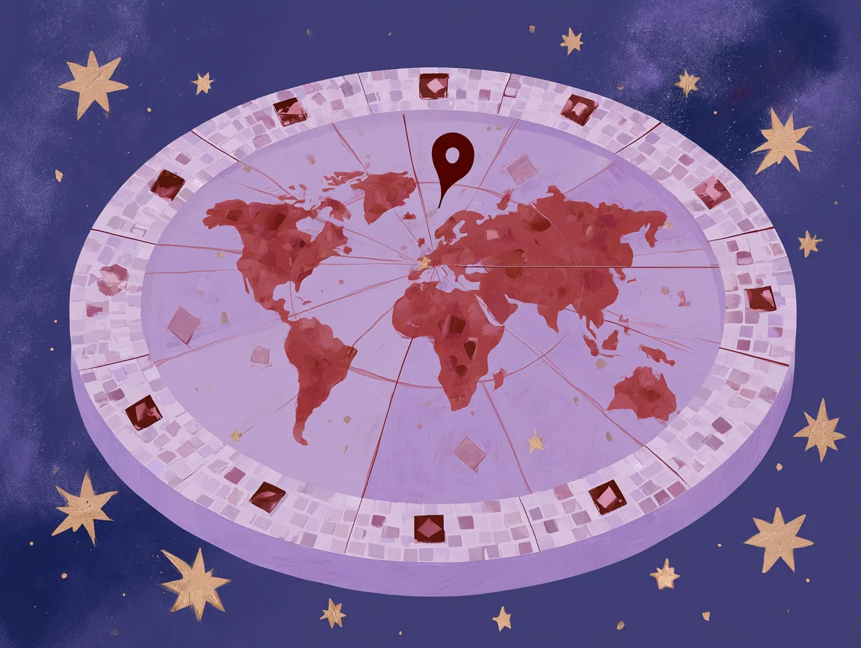 Rueda zodiacal en tonos vino con un mapamundi al centro y estrellas alrededor