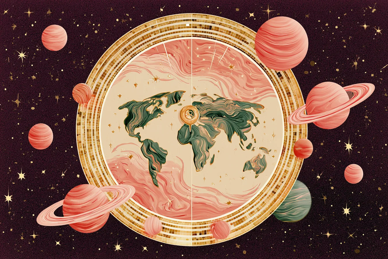 Rueda dorada de mosaico con un mapamundi crema y remolinos rosados al centro, sobre un cielo vino con planetas