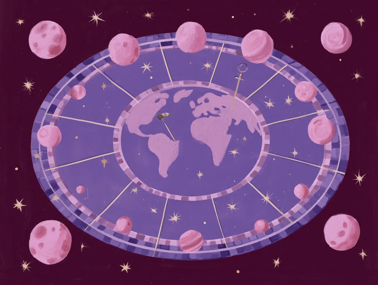 Rueda zodiacal ovalada en tonos rosa con un mapamundi al centro sobre fondo morado