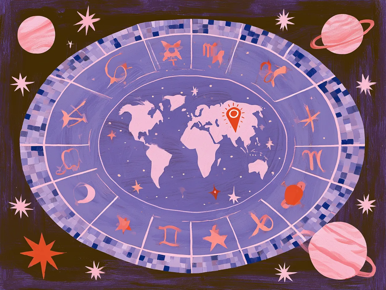 Rueda zodiacal azulada con mapamundi al centro sobre fondo oscuro, rodeada de planetas