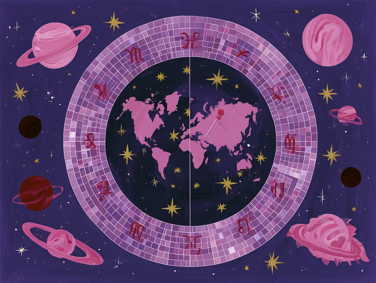 Rueda zodiacal de mosaico rosa con un mapamundi al centro y un pin, rodeada de planetas y estrellas doradas