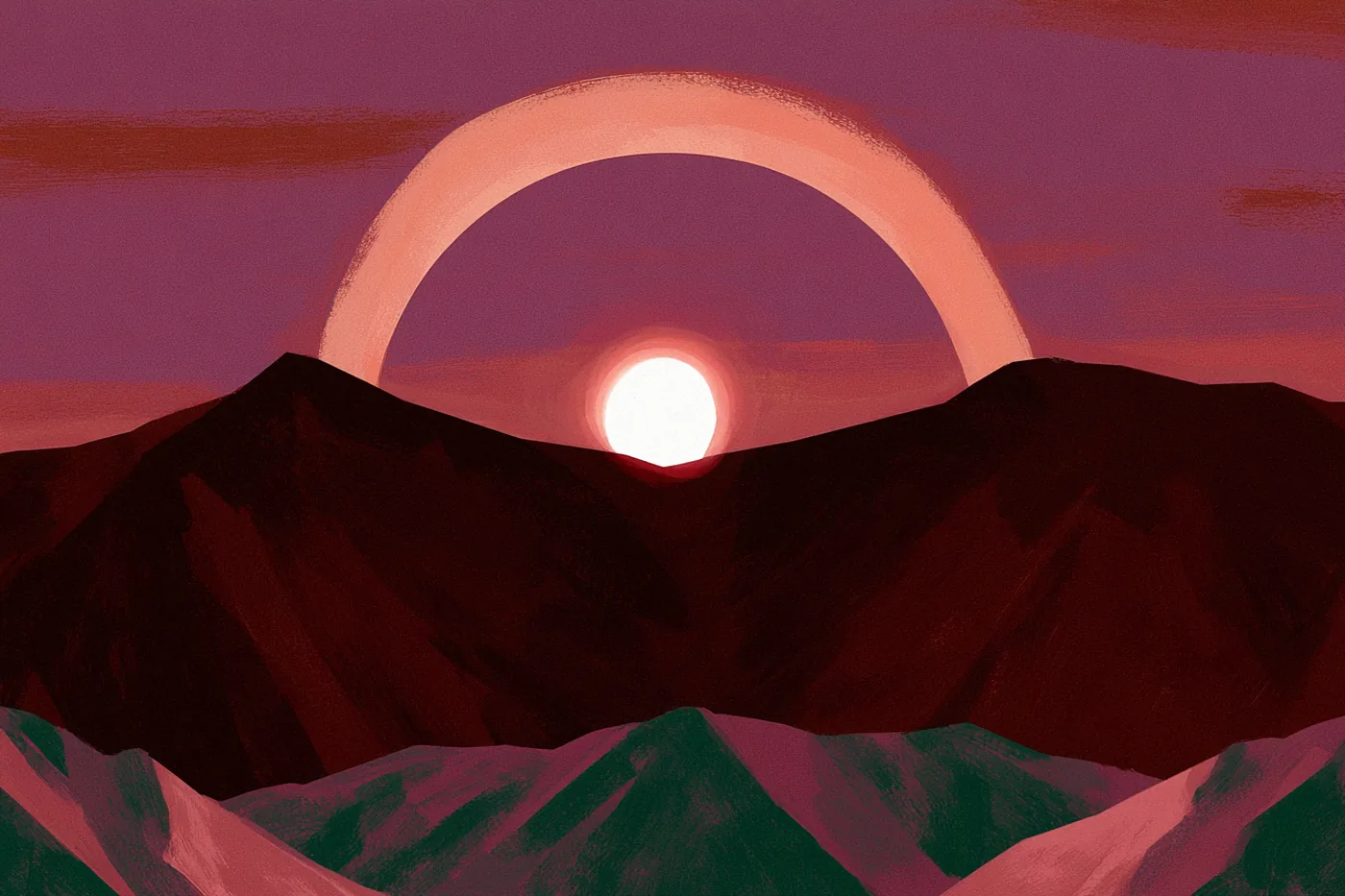 Sol saliendo entre montañas granate con un gran arco de luz durazno en el cielo