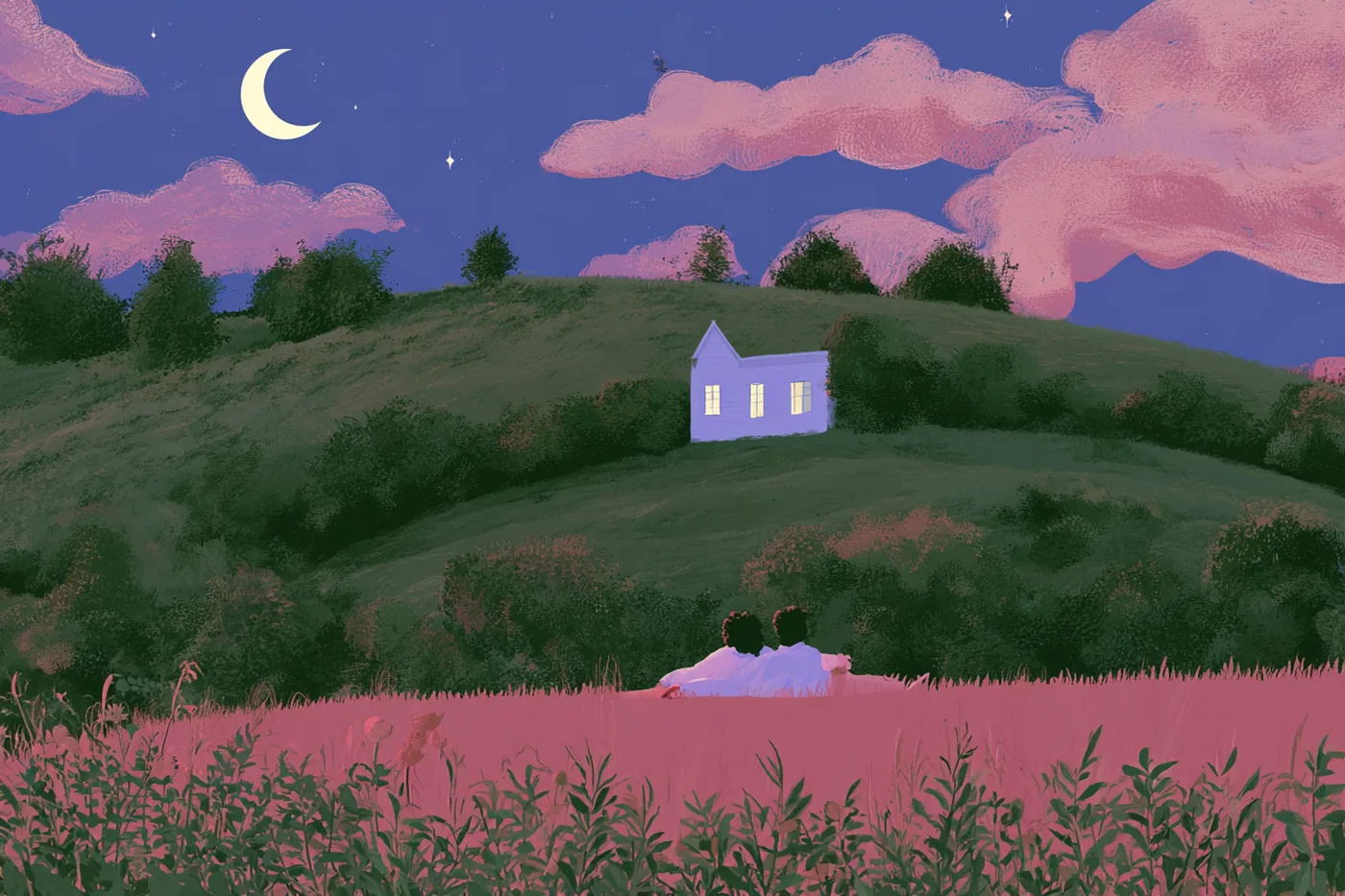 Pareja recostada en un campo rosado mirando una casita iluminada en la colina bajo la luna creciente