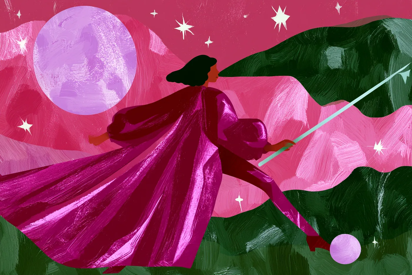 Ilustración de una mujer con capa magenta que avanza con una flecha en la mano bajo una luna lila entre colinas rosadas y verdes