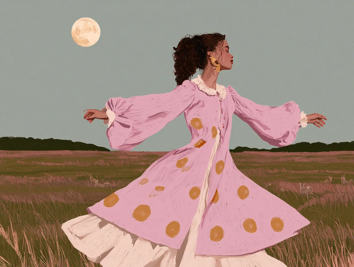 Mujer bailando con los brazos abiertos y un abrigo rosa de lunares dorados en un campo de hierba seca, con la luna llena en un cielo gris verdoso