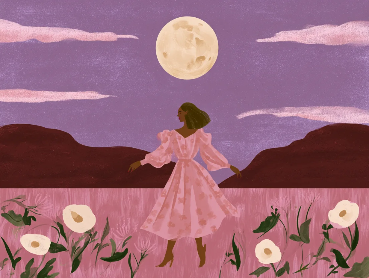 Mujer con vestido rosa de flores caminando entre flores blancas en un campo rosado, bajo una luna llena y un cielo lila con nubes