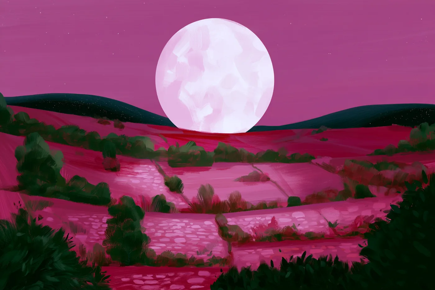 Luna llena enrojecida asomada entre colinas oscuras durante un eclipse lunar, sobre campos rosados