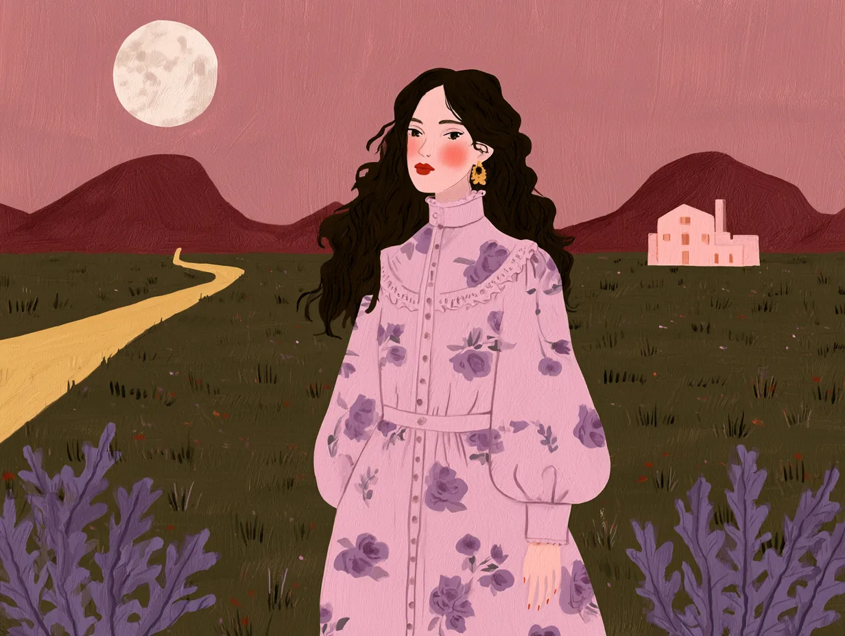 Mujer con vestido lila de rosas en un campo verde de noche, con un camino amarillo, una casita rosada y la luna llena sobre montañas vino