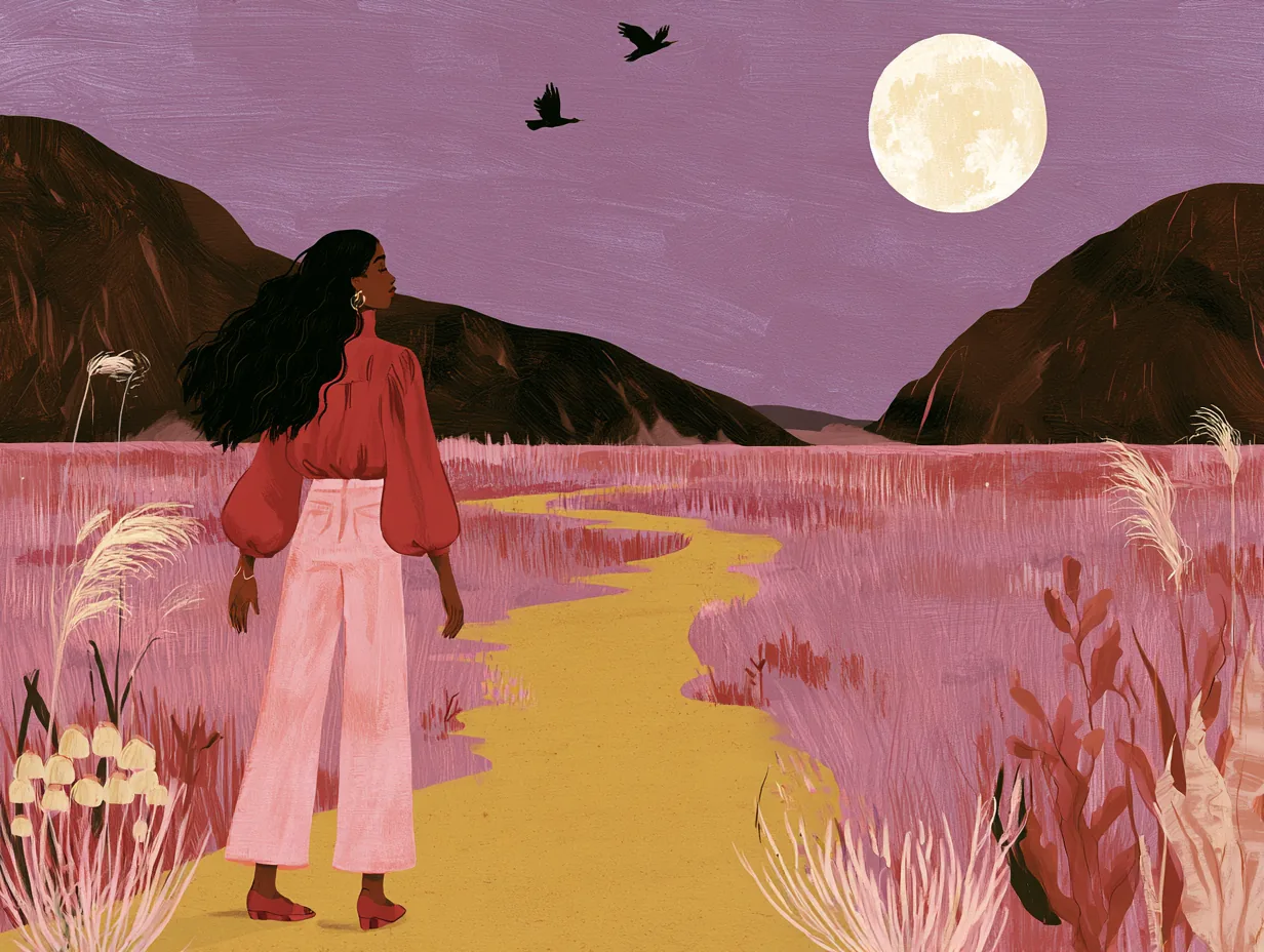 Mujer de espaldas con blusa roja en un camino amarillo entre hierba rosada, mirando la luna llena y dos pájaros sobre montañas oscuras