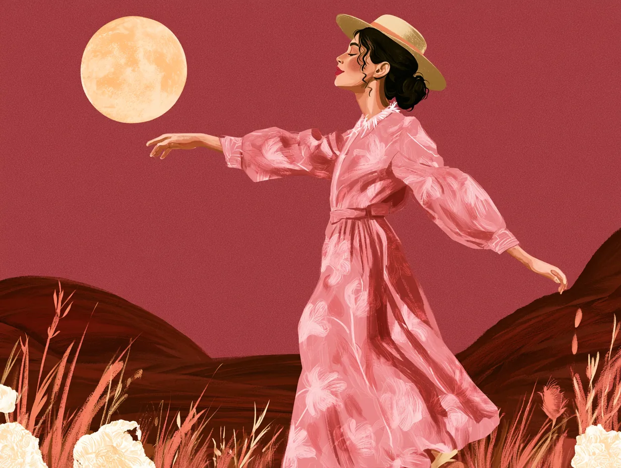 Mujer con sombrero de paja y vestido rosa que estira el brazo hacia una luna llena enorme sobre un fondo vino con montañas y flores blancas
