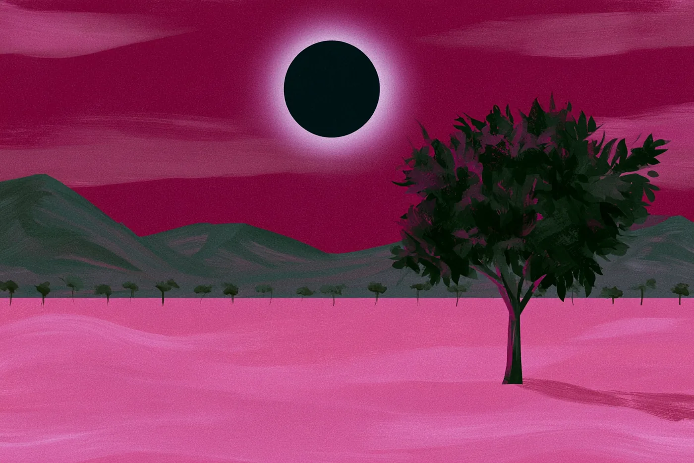 Eclipse solar total pintado, el disco negro de la Luna con la corona brillante del Sol sobre un valle rosado con un árbol
