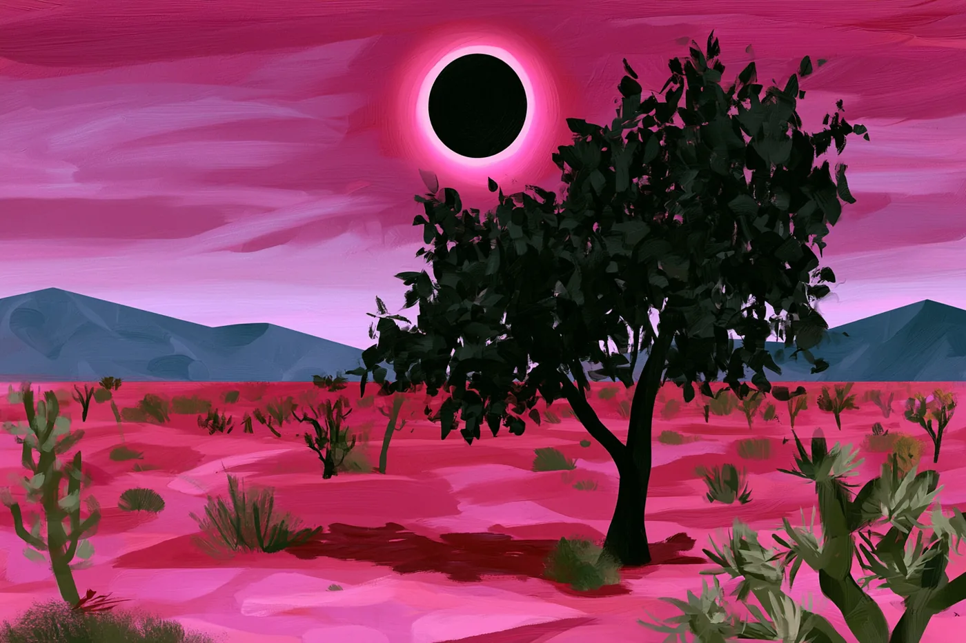 Sol eclipsado con un aro rosado brillante sobre un desierto de matorrales con un árbol