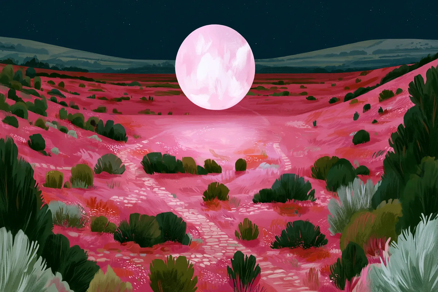 Luna llena rosada flotando sobre una llanura de matorrales donde se cruzan dos caminos