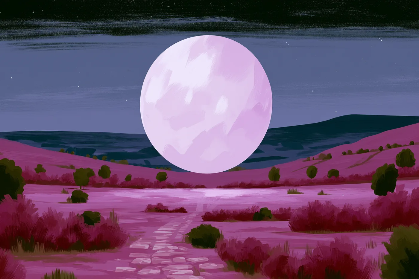 Luna llena blanca bajando sobre un valle de arbustos rosados con un camino de piedras