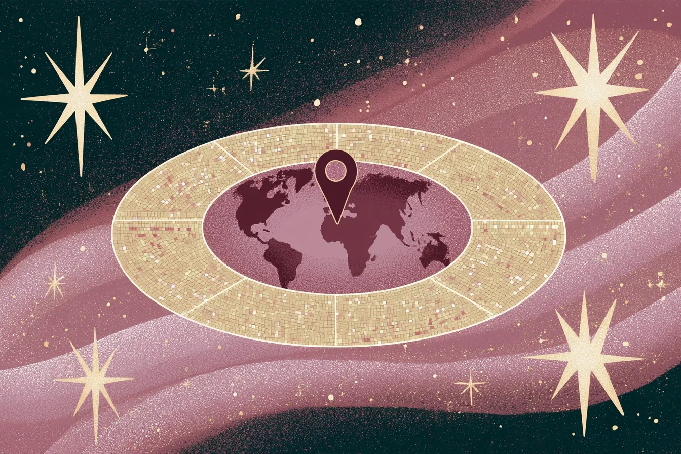 Mapa del mundo rodeado por un anillo dorado de mosaico con un marcador vino sobre Europa y estrellas sobre un cielo granate