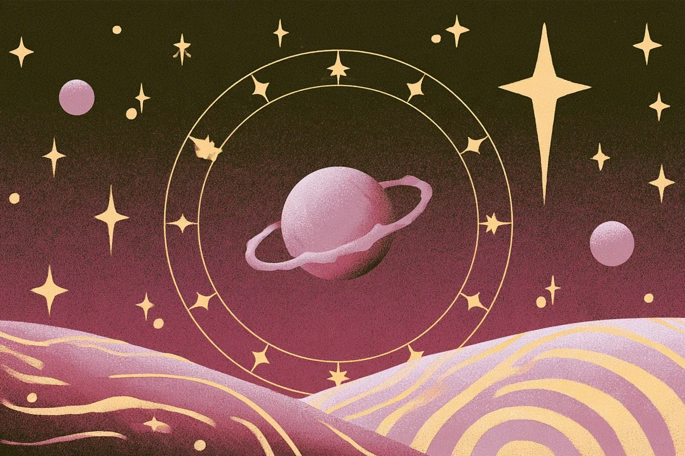 Planeta rosa con anillo dentro de un círculo de estrellas doradas sobre un cielo granate y colinas onduladas